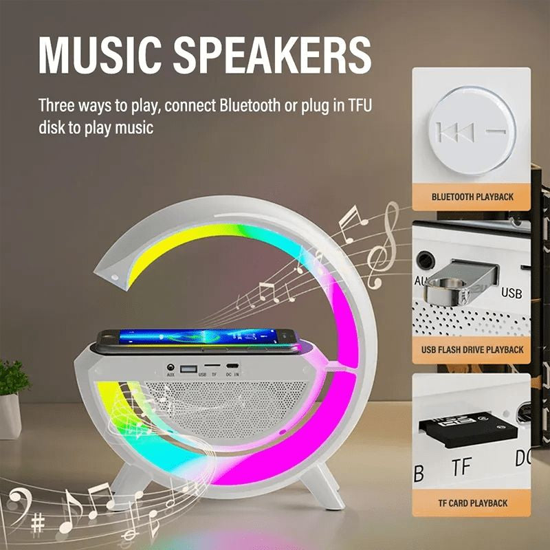 G Shape Lamp Speaker Portable Bluetooth Speaker With Digital clock Fast Wireless Charging